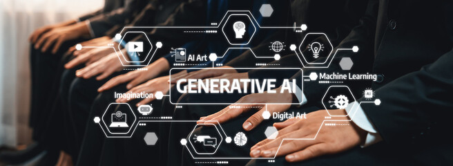 Professional Meeting About Generative AI Innovations with Diverse Group in Formal Attire,...