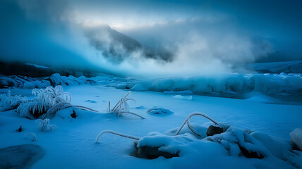 The winter landscape captures a cold, snowy scene with ice, fog, and distant mountains.