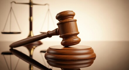 Wooden gavel and sound block in focus with scales of justice in background. Law and order concept for legal proceedings.