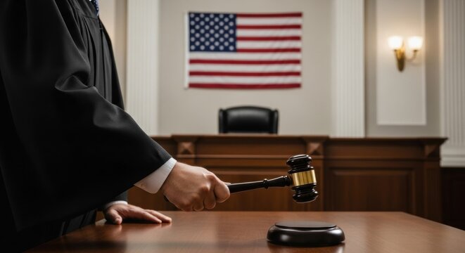 Judge holding gavel at a judicial bench in a courtroom with an american flag. Law and justice concept in the united states.