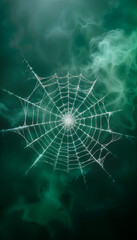 AI generated image of green smoke and spiderwebs. Halloween background