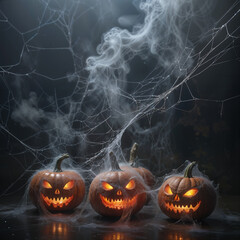 AI generated image of grey smoke and spiderwebs and evil Pumkin faces. Halloween background
