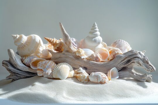 A tranquil still life of assorted seashells artfully arranged on weathered driftwood amidst a bed of soft, white sand.