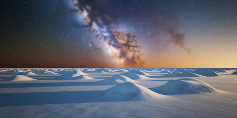 Stunning view of the Milky Way galaxy over a snowy landscape at dusk.