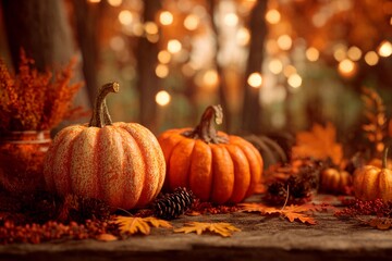 A beautiful arrangement of various pumpkins surrounded by vibrant autumn leaves, pinecones, and warm bokeh lights in a tranquil forest during sunset