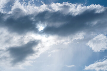 Obraz premium Aerial white clouds on blue sky. Blue sky backgrond nature. beautiful aerial cloudscape view from above, sunny heaven landscape, bright cloudy sky view from buttom with copy space