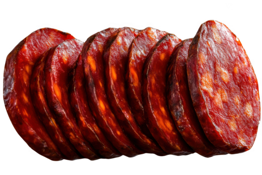 Sliced chorizo sausage detail close up on white background on transparent background
