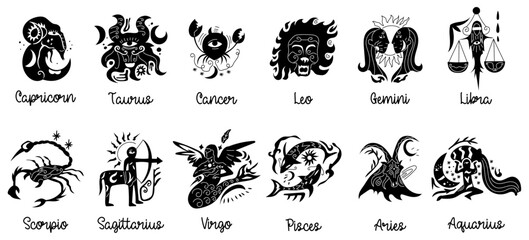 Obraz premium Vector silhouette Zodiac Signs, Astrological Symbols: Showcasing the twelve zodiac signs, in a graphic design, each one a unique representation of celestial symbolism and astrological concepts.