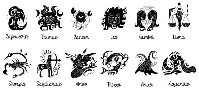 Vector silhouette Zodiac Signs, Astrological Symbols: Showcasing the twelve zodiac signs, in a graphic design, each one a unique representation of celestial symbolism and astrological concepts.