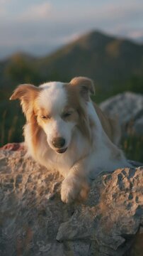 Border collie red and white dog lies on rocks in the mountains looking at the camera in the rays of the setting sun