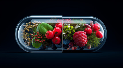 Modern concept of dietary supplement with vitamins, berries, and leaves inside a glass capsule on black background