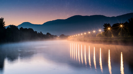Night scene with a misty river reflecting the lights of the town and the starry sky.