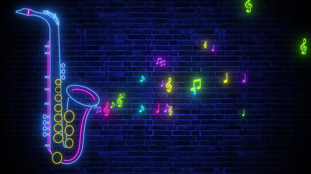 neon lights colorful musical notes and saxophone sign on brick wall background animation,jazz music cafe, concert and bar motion background
