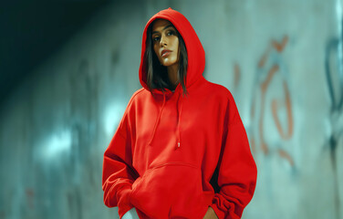 Urban night portrait of youth model in oversized red hoodie against graffiti wall in grunge streetwear aesthetic