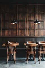 Wooden-paneled restaurant interior with simple tables and chairs