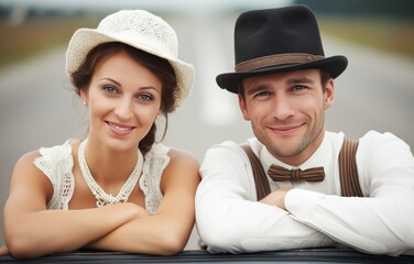 Bride and groom share a romantic moment beside a vintage car on a deserted road during their wedding road trip