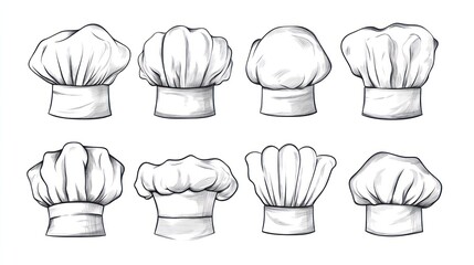 Collection of chef hats, hand drawn illustration, various styles,  for food print