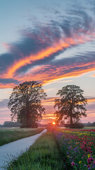 The sun sets behind trees, painting the sky with vibrant colors and light.