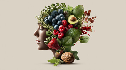 Side view of surreal human face blended with fresh fruits and leaves, representing nutrition, wellness and mental balance