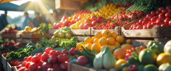 Fresh organic fruits and vegetables displayed in wooden crates at a farmers market under sunlight