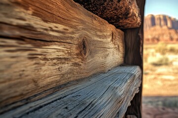 Close up of rustic cabin logs with desert landscape in the background, capturing natural beauty.
