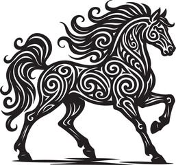 Elegant Horse Line Art with Decorative Swirls