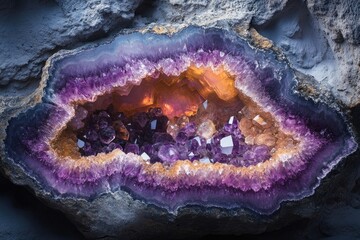 Obraz premium A beautiful amethyst geode, showcasing vibrant purple crystals with orange hues in a rough, grey rock formation.