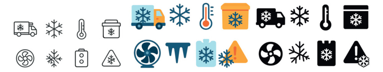 Cold storage collection, freezing symbols. refrigeration and cooling icon set