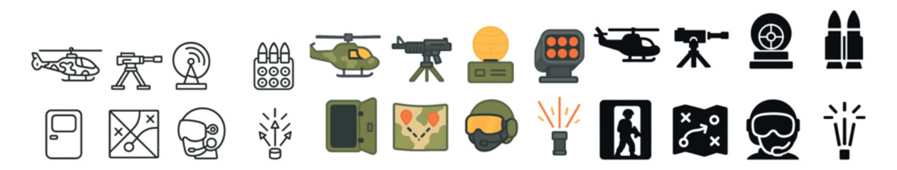 Military icons collection, defense and army symbols. warfare and security design set