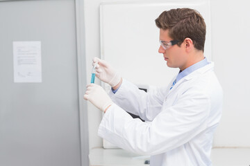 Male scientist wearing lab coat and goggles is inspecting blue solution in test tube at bench