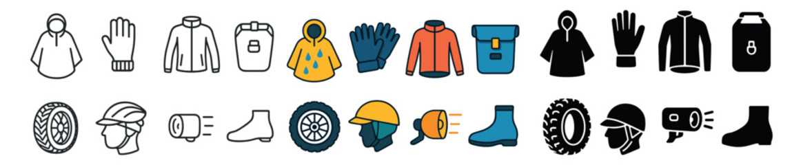 Outerwear and gear collection, essential outdoor apparel. clothing and accessory set