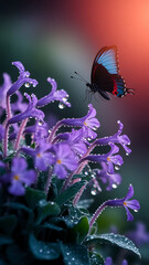 A stunning butterfly alights on purple flowers glistening with morning dew.