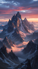 Stunning mountain landscape bathed in the warm glow of a vibrant sunset.