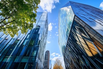 Modern Glass Skyscrapers Reflected in Blue Sky with Green Trees