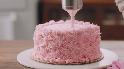 Pink frosting swirls adorning a round cake.