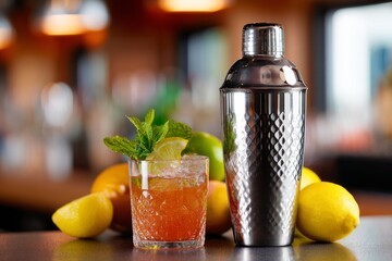 Refreshing cocktail with crushed ice, lime wedge and mint in a textured glass beside a metallic shaker, surrounded by lemons and citrus fruits on a bar counter with soft background blur