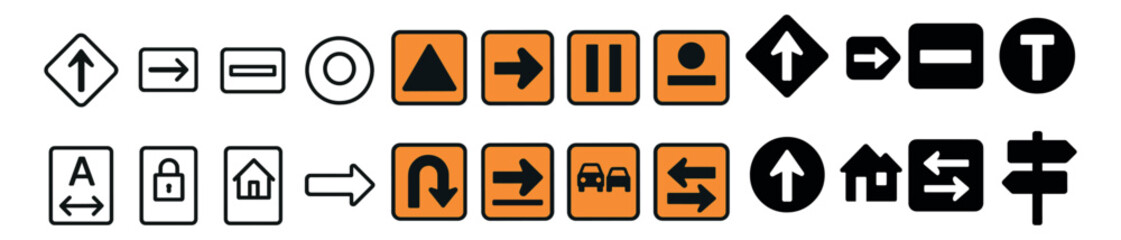 Traffic and safety icon collection, road sign symbols for navigation and direction use