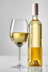 Glass of white wine with a full wine bottle beside it on a reflective white surface and neutral background