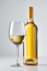 Glass of white wine and sealed wine bottle on white table with soft light and neutral background