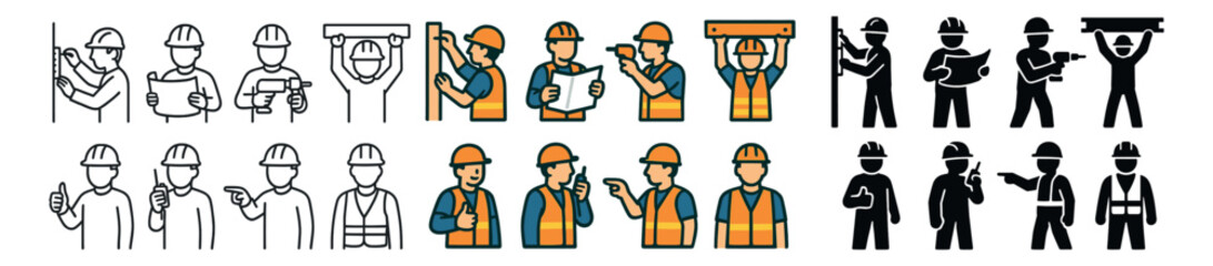 Construction worker collection, builder icons set. contractor and engineering symbols
