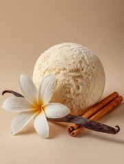Vanilla ice cream scoop with cinnamon sticks, vanilla bean and white flower in elegant still life on soft beige background