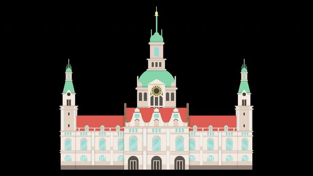 Flat Vector Illustration of European Architecture with Clock Tower and Spires on a Transparent Background