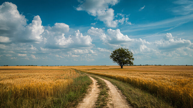 Summer Wheat Field with Dirt Road and Lone Tree Under Blue Sky