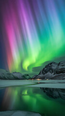 The aurora borealis dances above a tranquil lake in a stunning display of color.