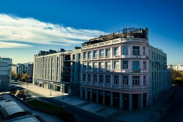 Fototapeta premium Historic and Modern Architecture Blending in Urban Landscape Under Blue Sky
