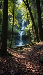 waterfall autumn forest in the morning