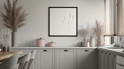 Interior design kitchen space featuring a framed art piece.
