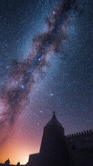 Majestic Milky Way galaxy shines over an ancient fortress at night, creating a picturesque scene.