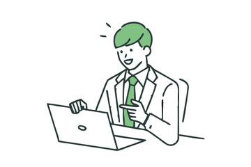 Businessman Working On Laptop. Illustration of a positive businessman full of energy with a smile. Businessman working on a laptop flat illustration and Vector design.