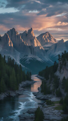 A beautiful sunset illuminates a river and mountain peaks in a stunning landscape scene.